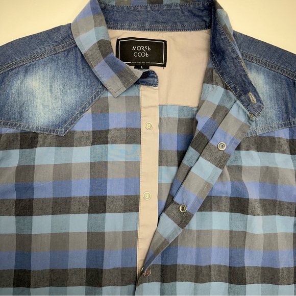 Morse Code Men’s Button Down Plaid Denim Shoulder Patch Long Sleeve Shirt Size L - Picture 6 of 8